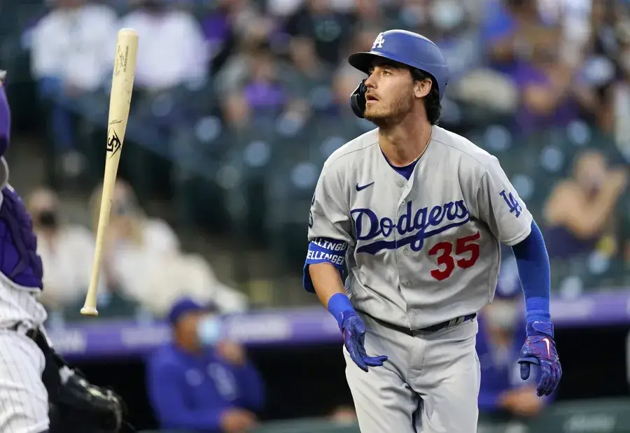 Cody Bellinger swinging a bat during a baseball game.